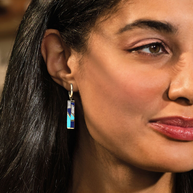 Turquoise and Lapis Drop Earrings with .10 ct. t.w. White Topaz in 18kt Gold Over Sterling  image number 1