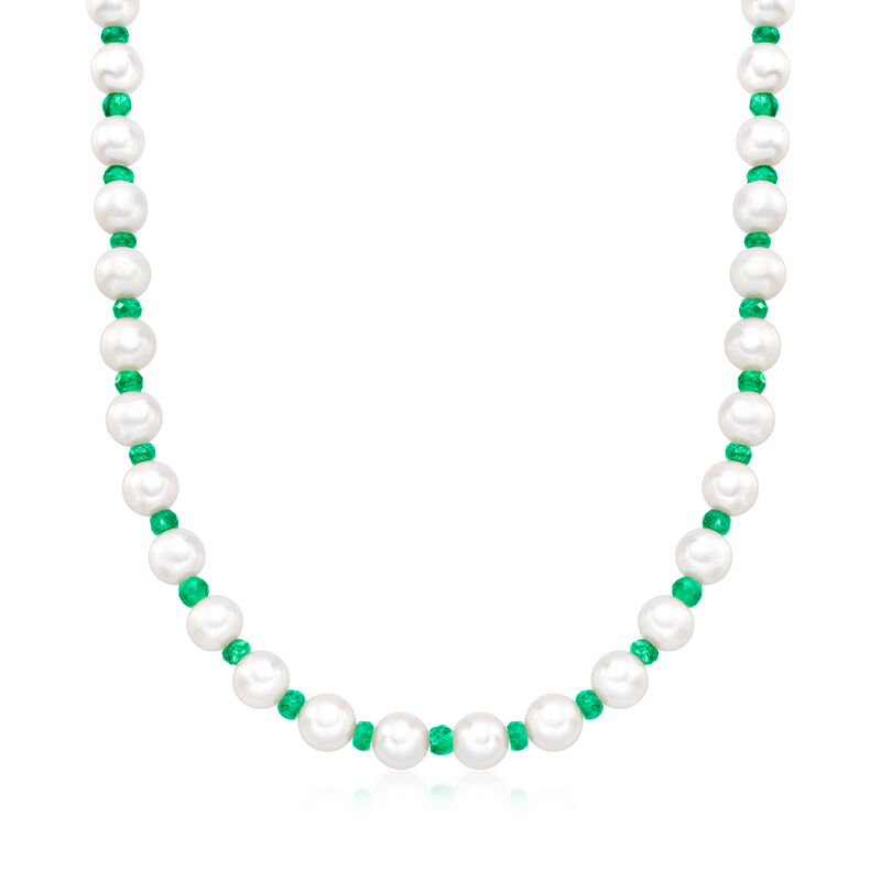 8-8.5mm Cultured Pearl and 13.00 ct. t.w. Emerald Bead Necklace with 14kt Yellow Gold image number 0