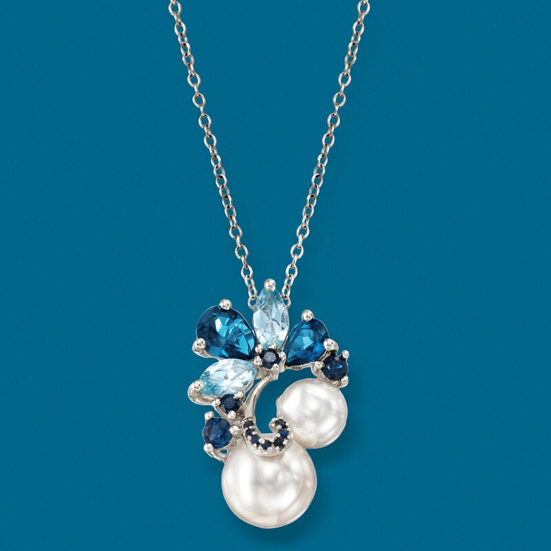 7-9.5mm Cultured Pearl and 1.90 ct. t.w. Multi-Gemstone Pendant Necklace in Sterling Silver image number 2