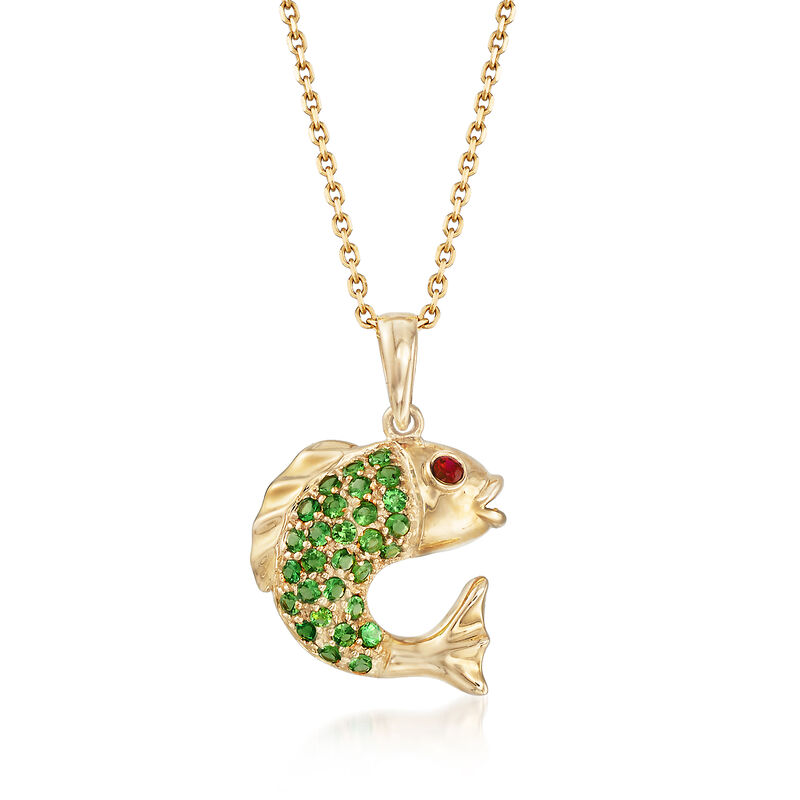 .30 ct. t.w. Tsavorite Fish Pendant Necklace with Ruby Accent in 14kt Yellow Gold image number 0