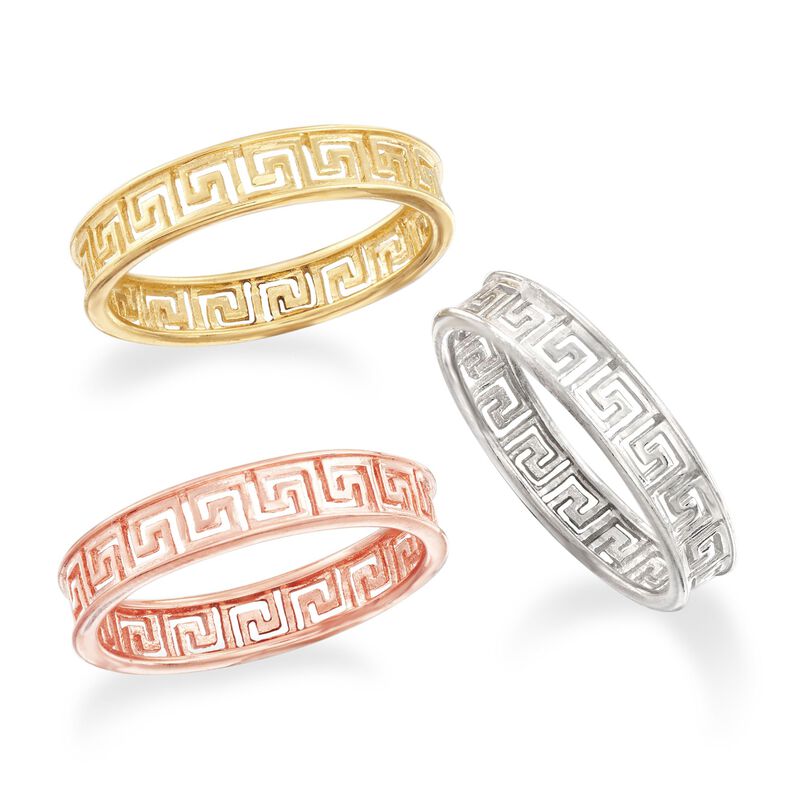 Italian Tri-Colored Sterling Silver Jewelry Set: Three Stackable Greek Key Rings image number 3