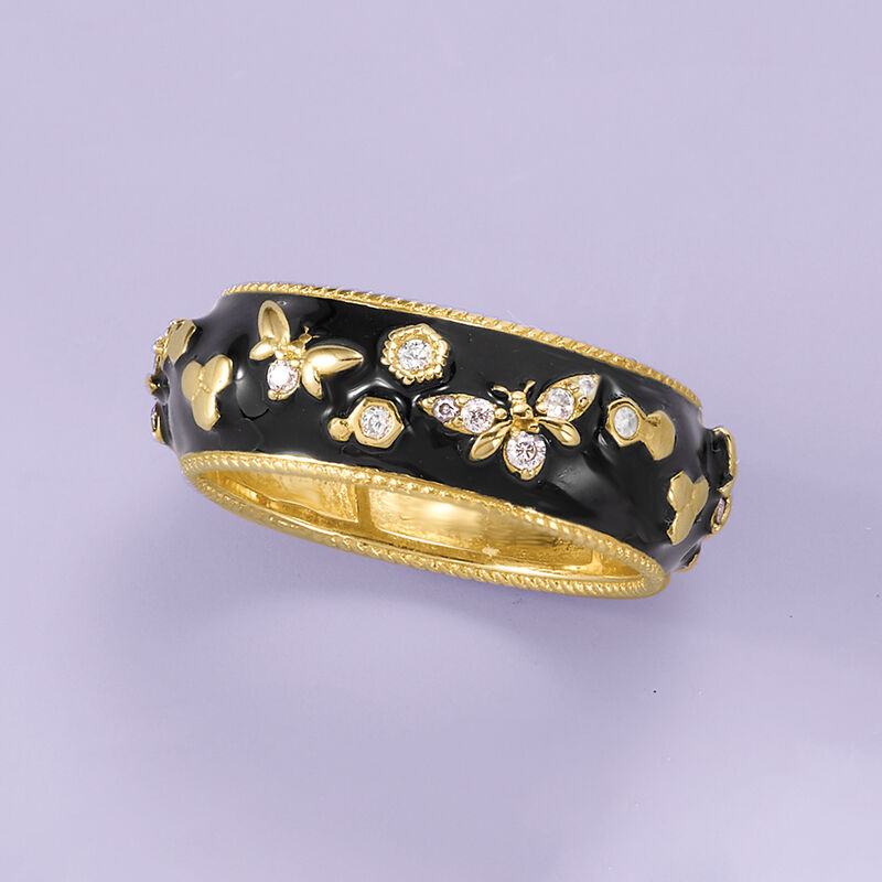 .30 ct. t.w. White Topaz and Black Enamel Bumblebee Ring in 18kt Gold Over Sterling image number 3