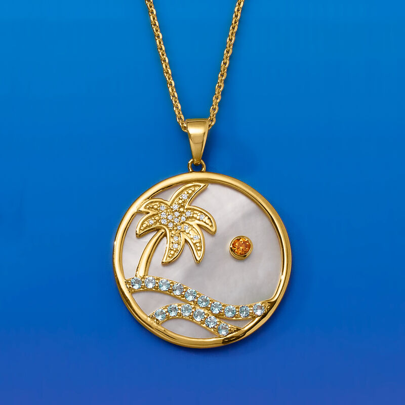 Mother-of-Pearl and 2.80 ct. t.w. Swiss Blue Topaz Paradise Pendant Necklace with Diamonds and Single Orange Sapphire in 18kt Gold Over Sterling image number 2