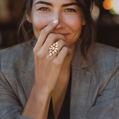 C. 1960 Vintage Opal Cluster Cocktail Ring in 14kt Yellow Gold