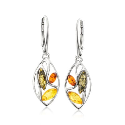 Multicolored Amber Leaf Drop Earrings in Sterling Silver Multicolored Amber Leaf Drop Earrings in Sterling Silver