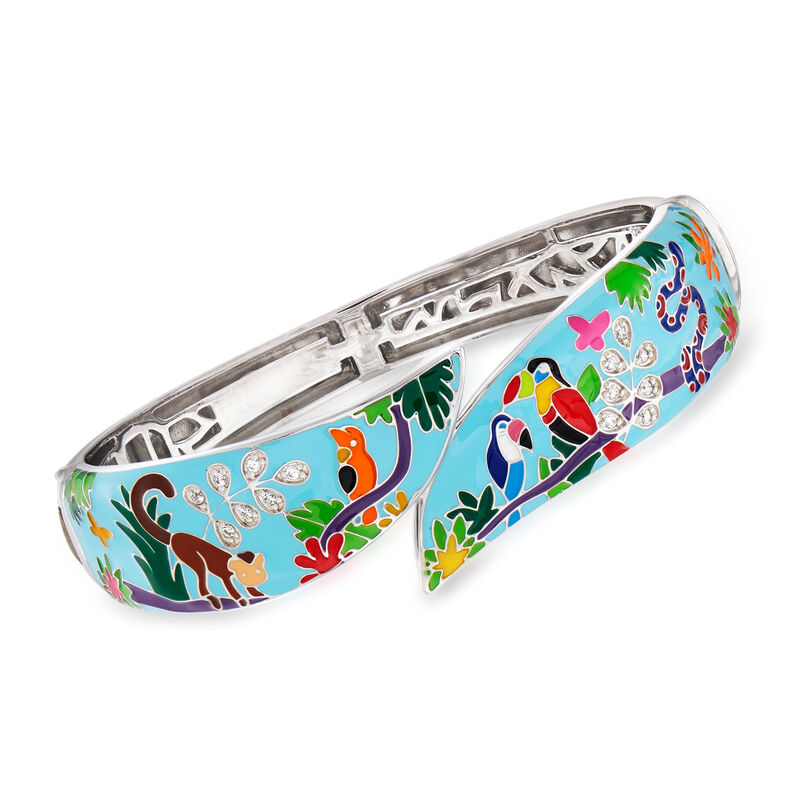 Belle Etoile &quot;Tropical Rainforest&quot; Blue and Multicolored Enamel Bangle Bracelet with .15 ct. t.w. CZs in Sterling Silver image number 0