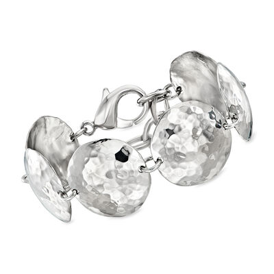 Italian Rhodium-Plated Hammered Disc-Link Bracelet