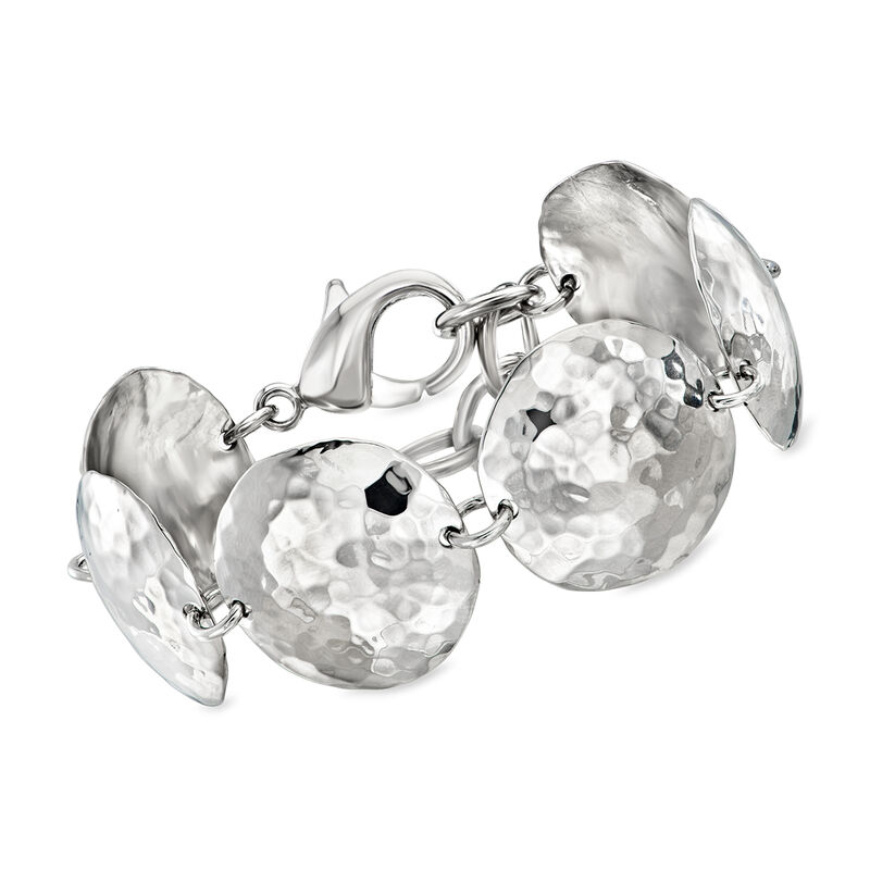 Italian Rhodium-Plated Hammered Disc-Link Bracelet. 7" image number 0