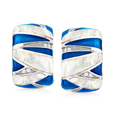Belle Etoile "Lumina" Mother-of-Pearl and .10 ct. t.w. CZ Earrings with Blue Enamel in Sterling Silver