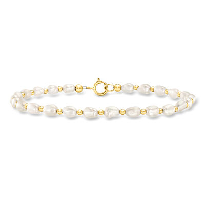 3-4mm Cultured Baroque Pearl and 14kt Yellow Gold Bead Bracelet