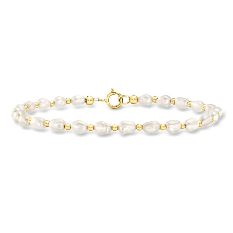 3-4mm Cultured Baroque Pearl and 14kt Yellow Gold Bead Bracelet image number 0