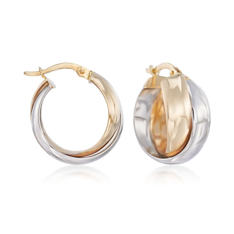 Italian 18kt Two-Tone Gold Crisscross Hoop Earrings. 3/4&quot; image number 0