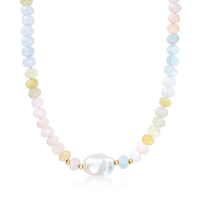 175.00 ct. t.w. Multicolored Beryl and 13-14mm Cultured Baroque Pearl Necklace with 18kt Gold Over Sterling