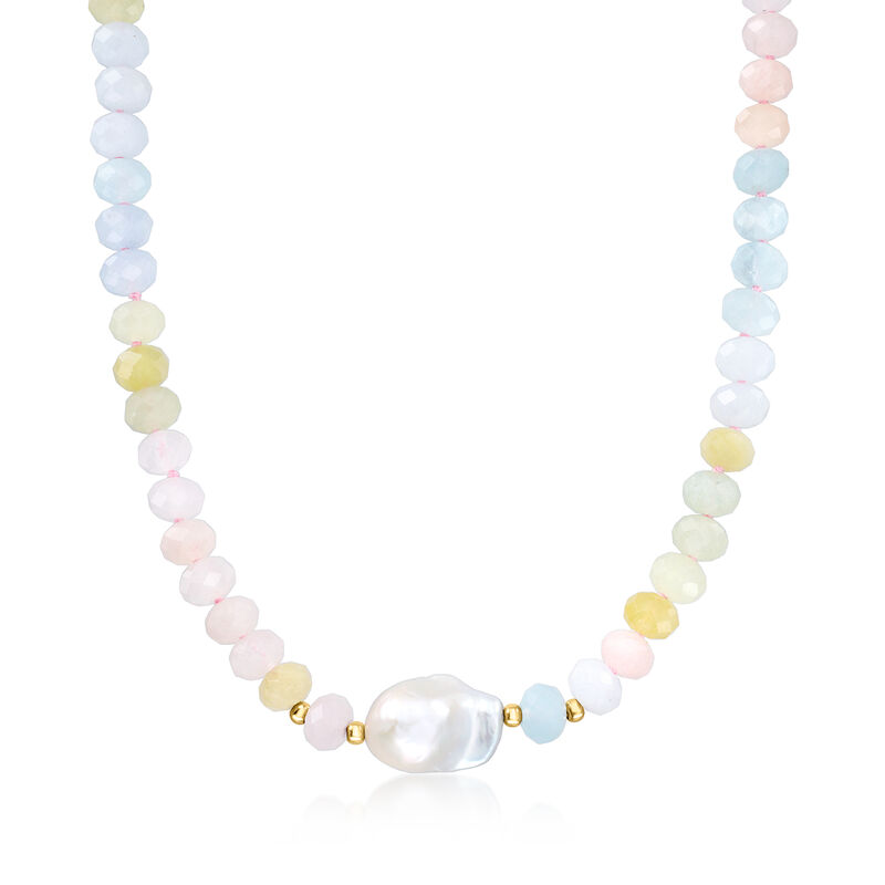 175.00 ct. t.w. Multicolored Beryl and 13-14mm Cultured Baroque Pearl Necklace with 18kt Gold Over Sterling. 18" image number 1