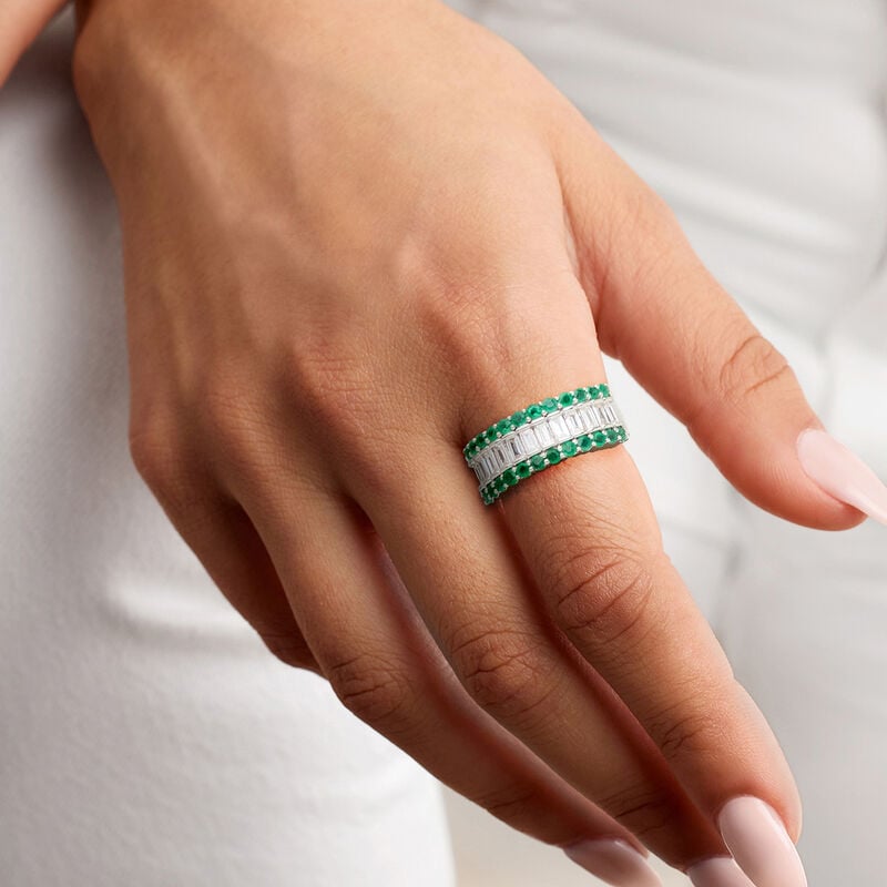 .70 ct. t.w. Emerald and .38 ct. t.w. Lab-Grown Diamond Ring in Sterling Silver image number 1
