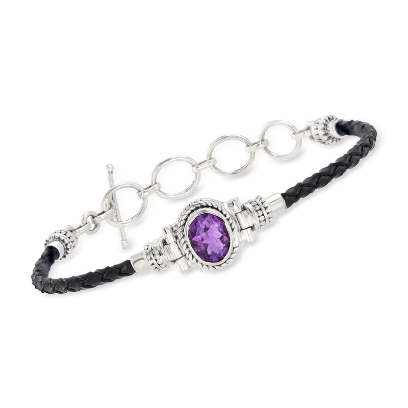2.50 Carat Amethyst and Black Leather Toggle Bracelet in Sterling Silver. 7&quot; image number 0
