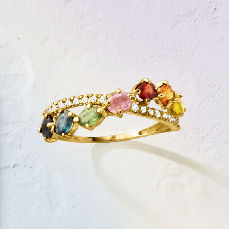 1.40 ct. t.w. Multicolored Sapphire and  .19 ct. t.w. Diamond Crisscross Ring in 14kt Yellow Gold image number 4