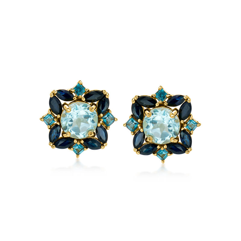 3.00 ct. t.w. Sky Blue Topaz, 1.20 ct. t.w. Sapphire and .60 ct. t.w. London Blue Topaz Earrings in 18kt Gold Over Sterling  image number 0