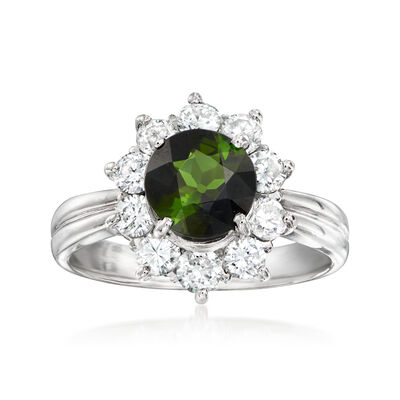 C. 1990 Vintage 1.18 Carat Green Tourmaline and .80 ct. t.w. Diamond Ring in Platinum