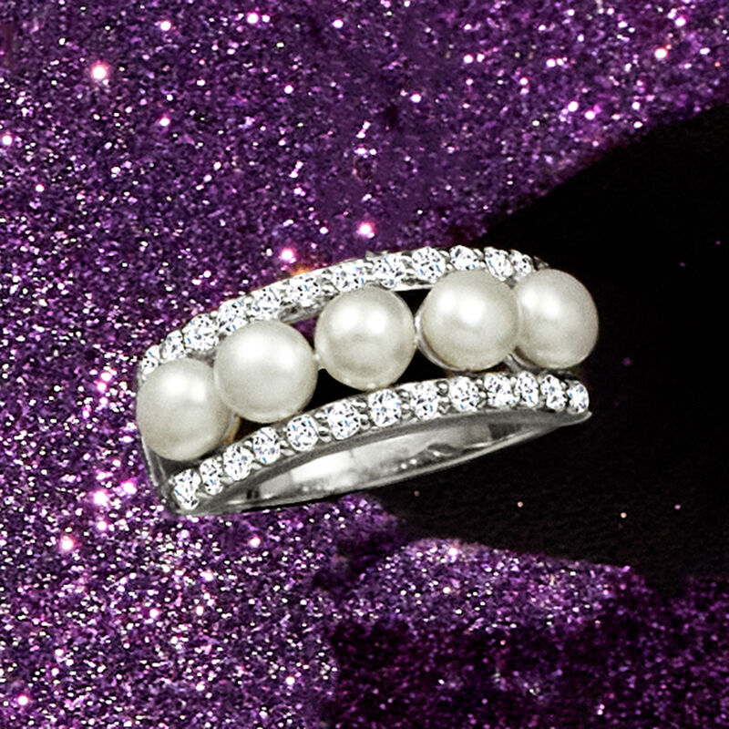 4.5mm Cultured Pearl and .70 ct. t.w. White Topaz Ring in Sterling Silver image number 3