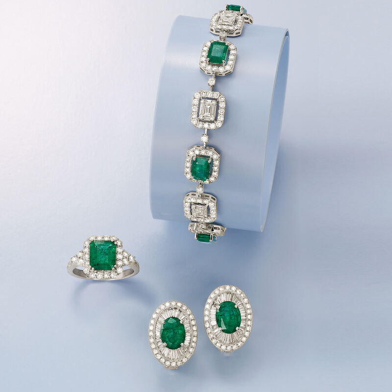 4.70 ct. t.w. Emerald and 4.41 ct. t.w. Diamond Bracelet in 18kt White Gold. 7&quot; image number 2