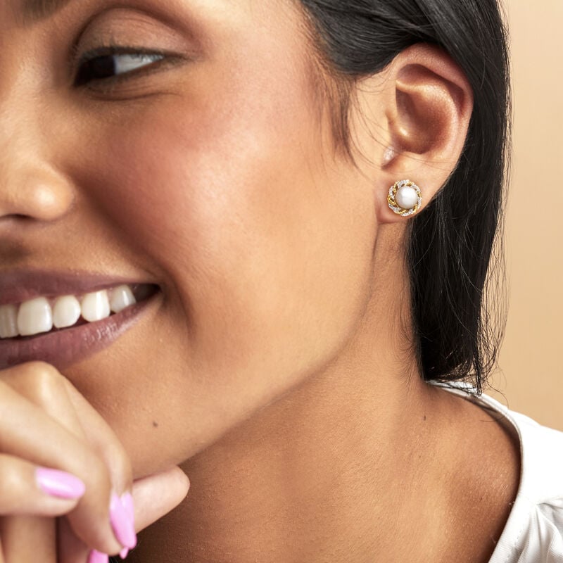 7-7.5mm Cultured Pearl and .11 ct. t.w. Diamond Earrings in 18kt Gold Over Sterling  image number 1