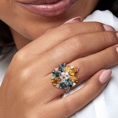 C. 1980 Vintage 4.80 ct. t.w. Multi-Gemstone and .60 ct. t.w. Diamond Cocktail Ring in 14kt White Gold