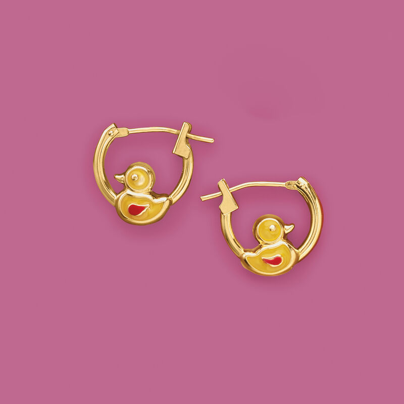 Child's 14kt Yellow Gold Duckling Huggie Hoop Earrings with Enamel. 3/8&quot; image number 1