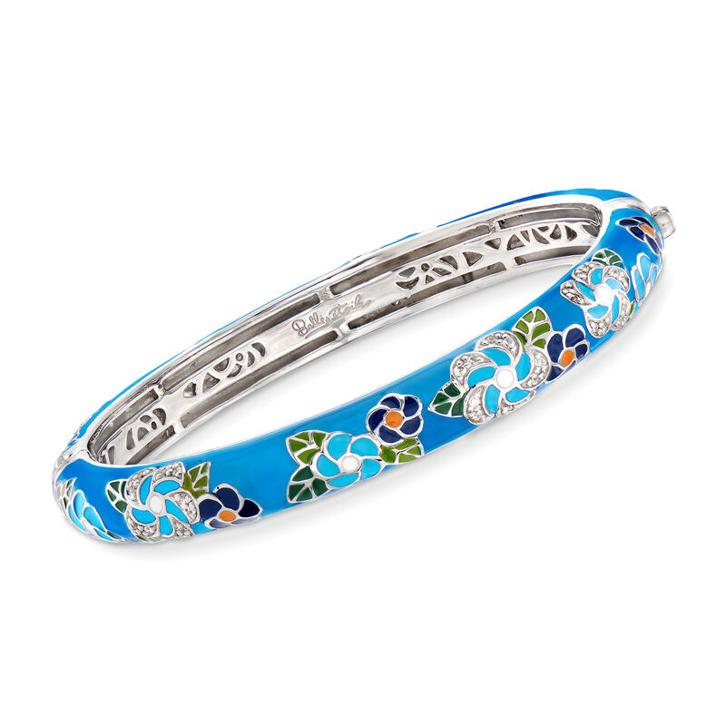 Belle Etoile &quot;Melia&quot; Multicolored Enamel and .25 ct. t.w. CZ Floral Bangle Bracelet in Sterling Silver. 7&quot; image number 0