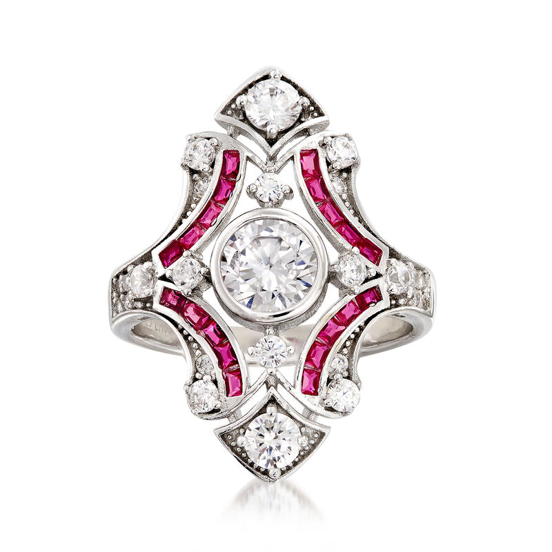 1.50 ct. t.w. CZ and .20 ct. t.w. Simulated Ruby Ring in Sterling Silver image number 0