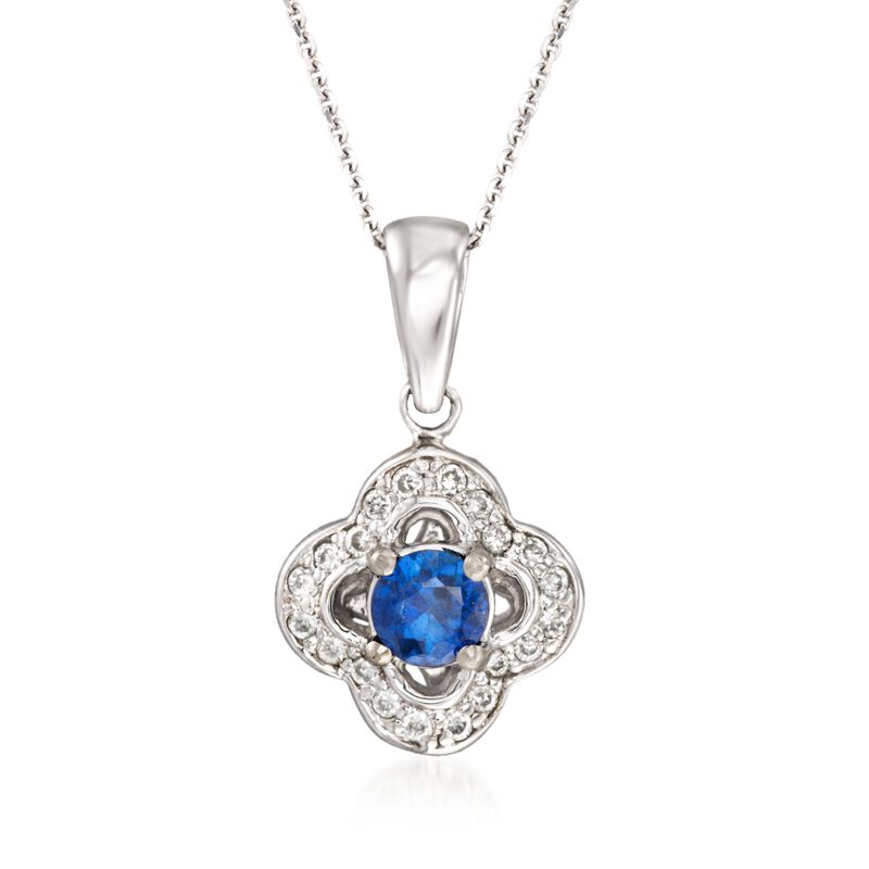 .30 Carat Sapphire and .15 ct. t.w. Diamond Clover Pendant Necklace in 14kt White Gold. 16&quot; image number 1