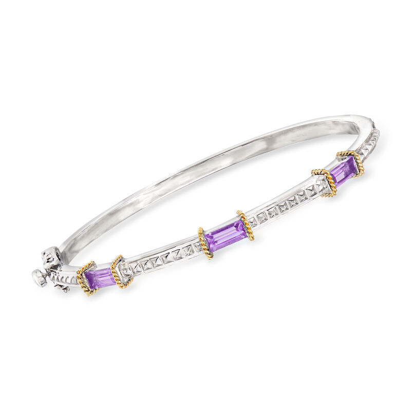 Andrea Candela &quot;La Romana&quot; 1.40 ct. t.w. Amethyst Station Bangle Bracelet in Sterling  and 18kt Gold. 7&quot; image number 0