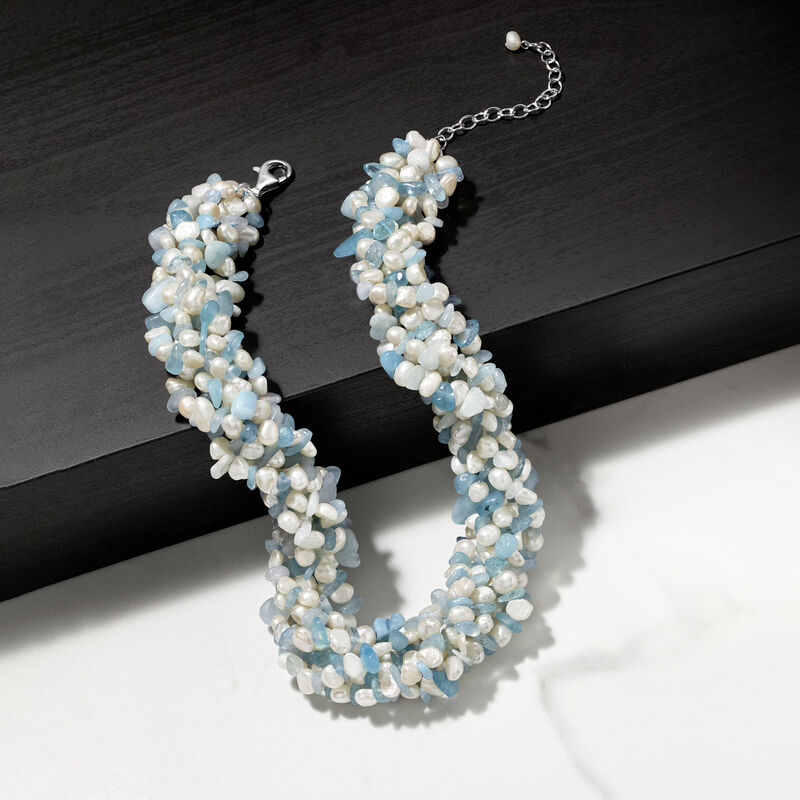 Aquamarine Bead and 5-6mm Cultured Pearl Torsade Necklace with Sterling Silver. 18&quot; image number 3
