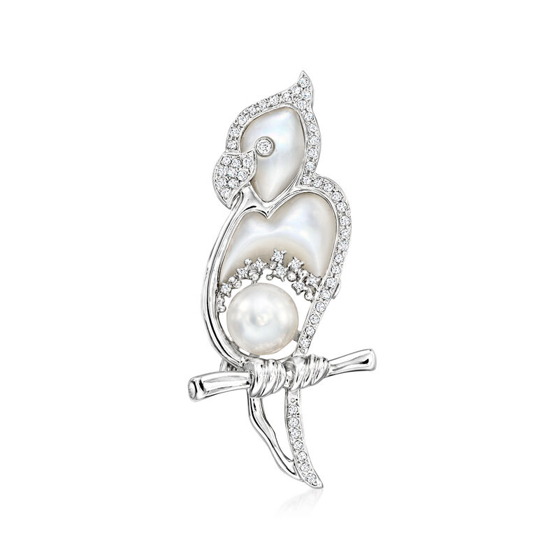 C. 1980 Vintage Mother-of-Pearl and 10mm Cultured Pearl Bird Pin with .61 ct. t.w. Diamonds in 18kt White Gold image number 0