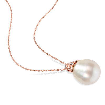14-14.5mm Cultured South Sea Pearl Leaf Pendant Necklace with Diamonds in 14kt Rose Gold