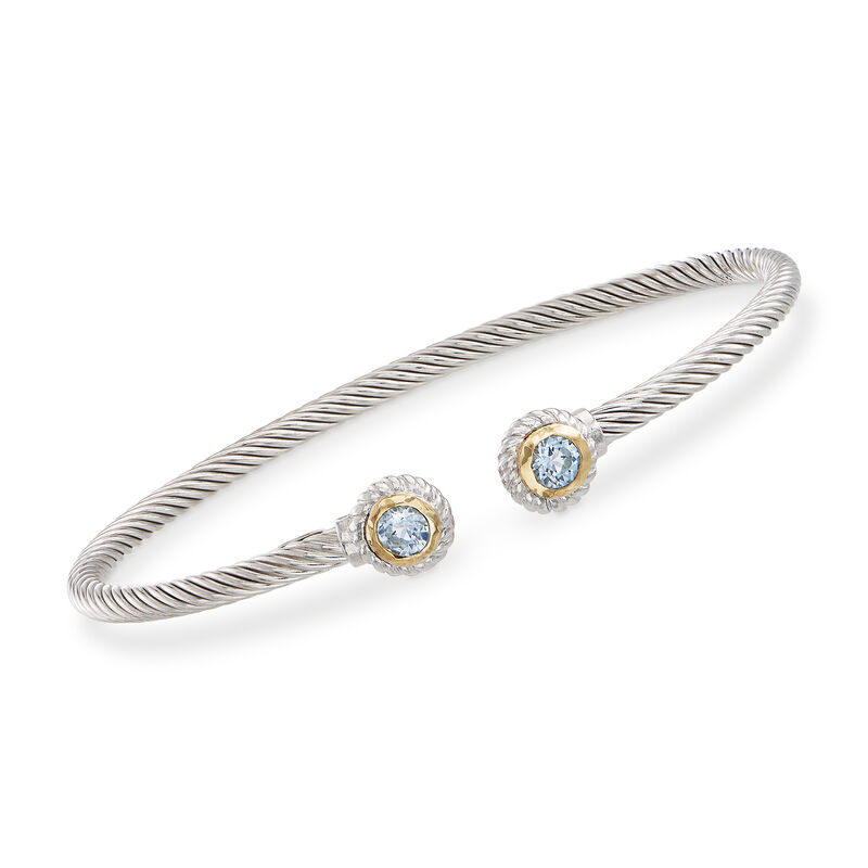 Phillip Gavriel &quot;Italian Cable&quot; .60 ct. t.w. Blue Topaz Sterling Silver Cuff Bracelet with 18kt Gold. 7&quot; image number 0