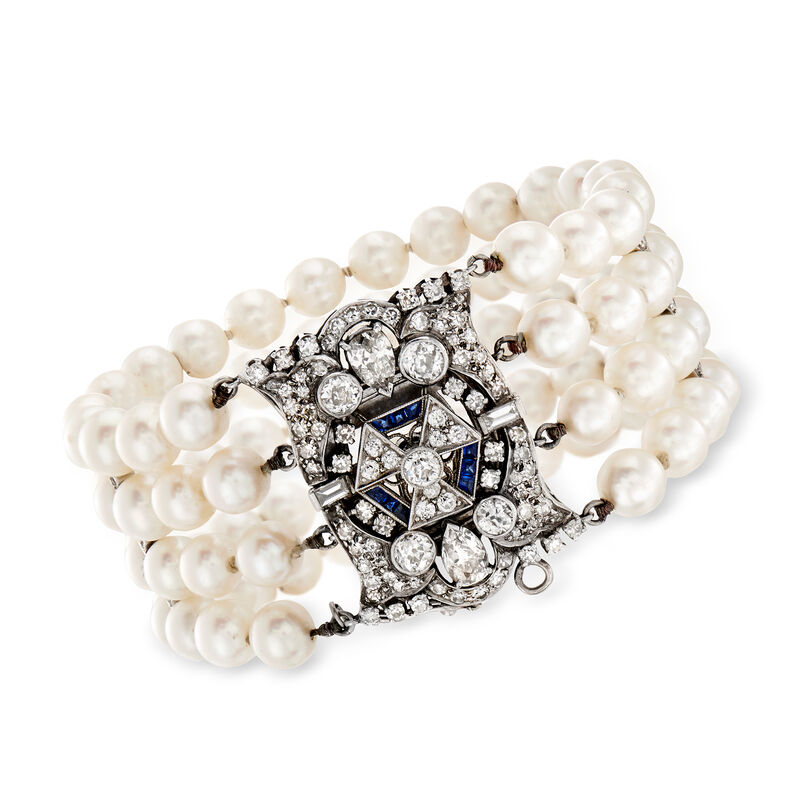 C. 1950 Vintage 6.5mm Cultured Pearl and 4.05 ct. t.w. Diamond Bracelet in Platinum. 7&quot; image number 0
