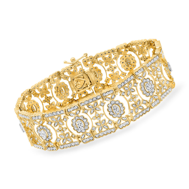 3.00 ct. t.w. Diamond Openwork Floral Bracelet in 18kt Gold Over Sterling. 7&quot; image number 0
