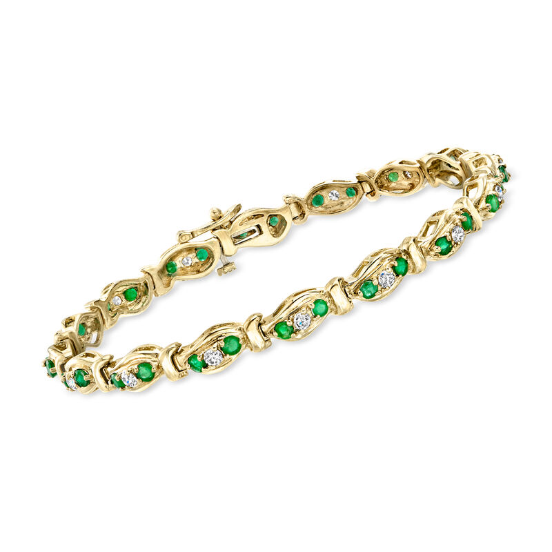 C. 1980 Vintage 1.80 ct. t.w. Emerald and .95 ct. t.w. Diamond Link Bracelet in 14kt Yellow Gold. 7.5" image number 0