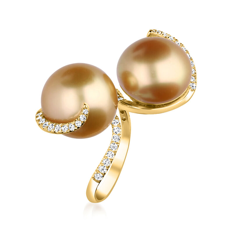 11-12mm Golden Cultured South Sea Pearl Bypass Ring with .48 ct. t.w. Diamonds in 14kt Yellow Gold image number 1