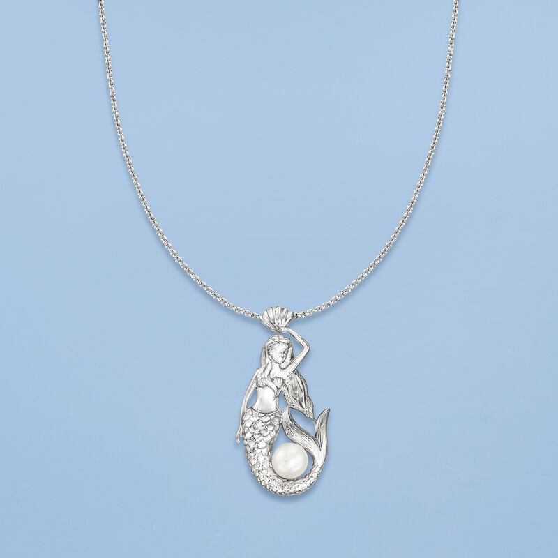 8.5-9mm Cultured Pearl Mermaid Pendant Necklace in Sterling Silver. 18&quot; image number 2