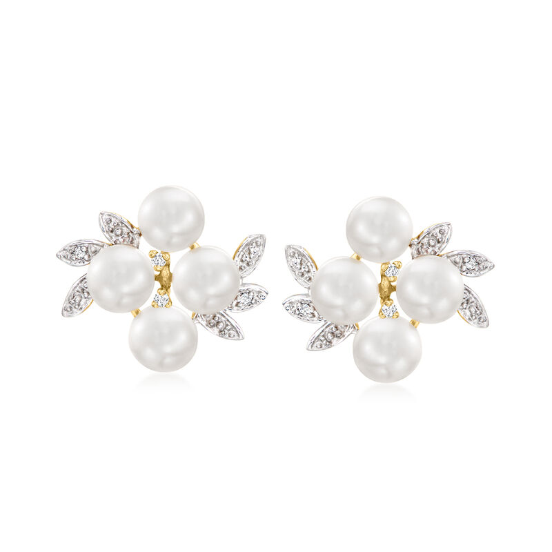 5.5-6mm Cultured Pearl Cluster Earrings with Diamonds in 14kt Yellow Gold image number 0