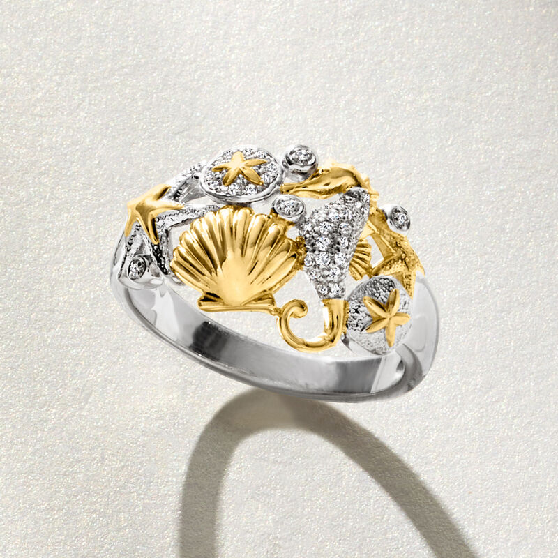 .10 ct. t.w. Diamond Sea Life Ring in Two-Tone Sterling Silver image number 4