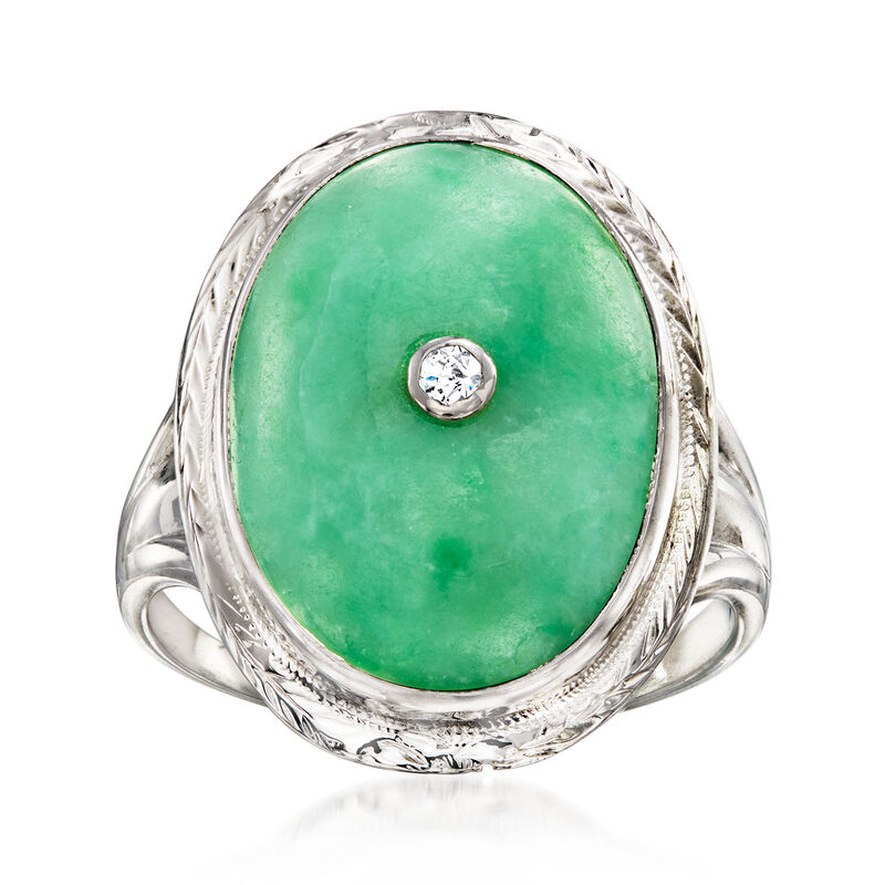 C. 2000 Vintage Jade Ring with Single Diamond in 18kt White Gold. Size 6 image number 0