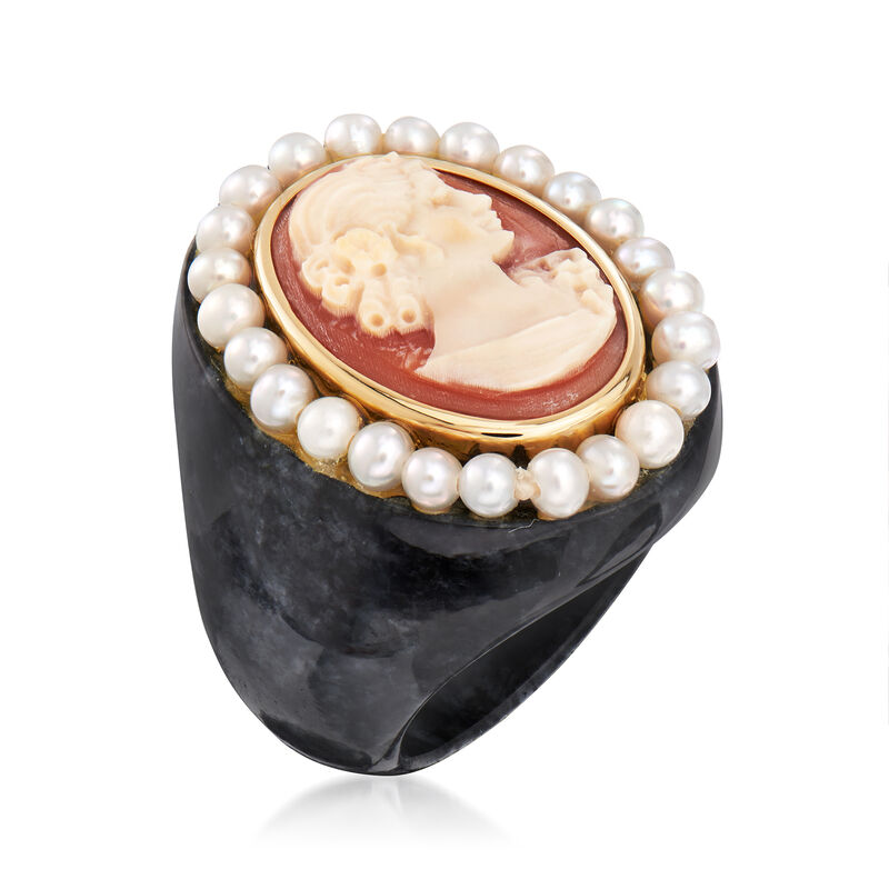 3mm Cultured Pearl, Gray Jade and Shell Cameo Ring in 14kt Yellow Gold image number 2