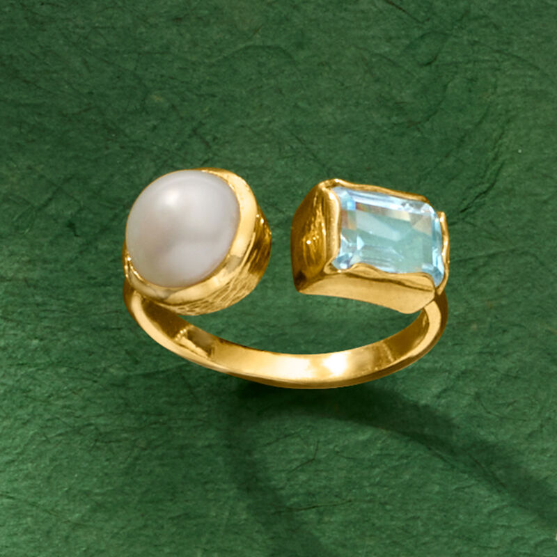 8-8.5mm Cultured Pearl and 1.70 Carat Sky Blue Topaz Toi et Moi Ring in 18kt Gold Over Sterling image number 4