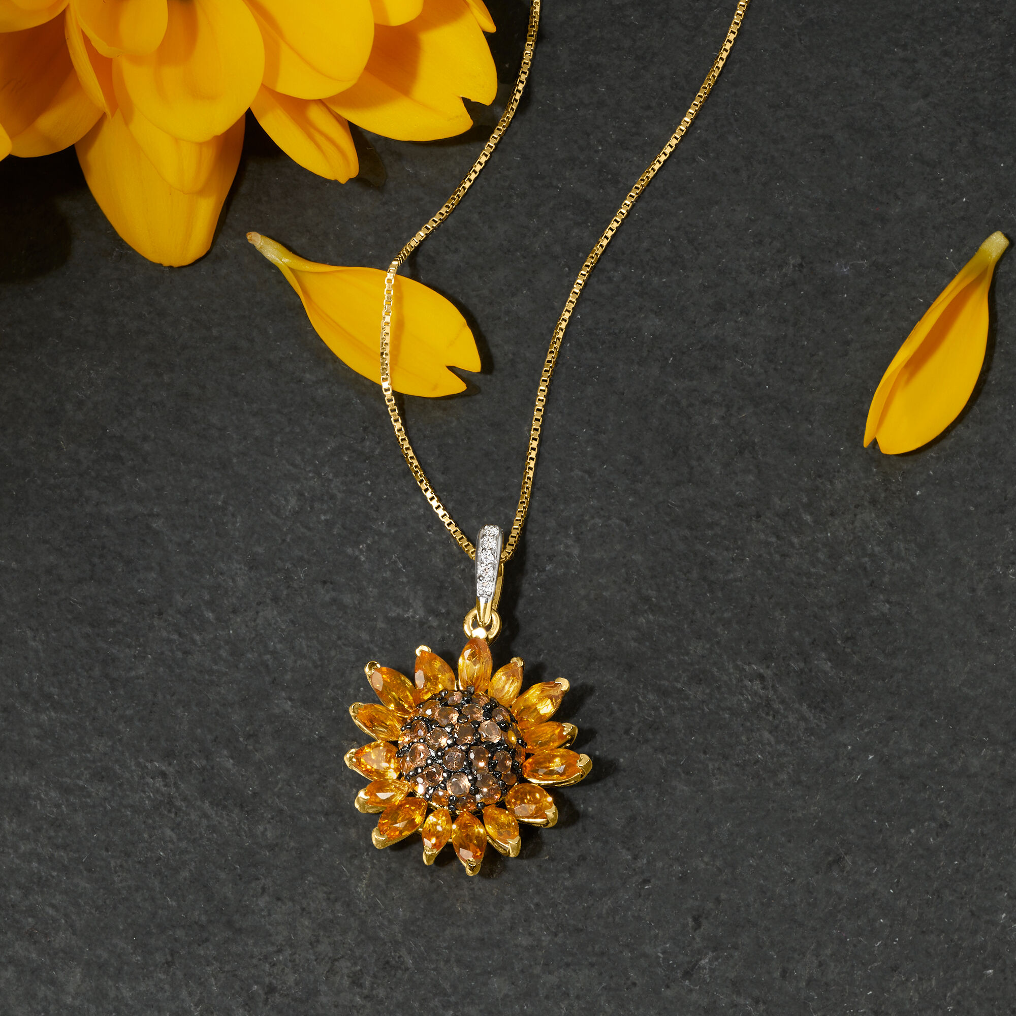 1.70 ct. t.w. Citrine and .80 ct. t.w. Smoky Quartz and .10 ct. t.w. White Topaz Sunflower Pendant Necklace in 18kt Gold Over Sterling. 18