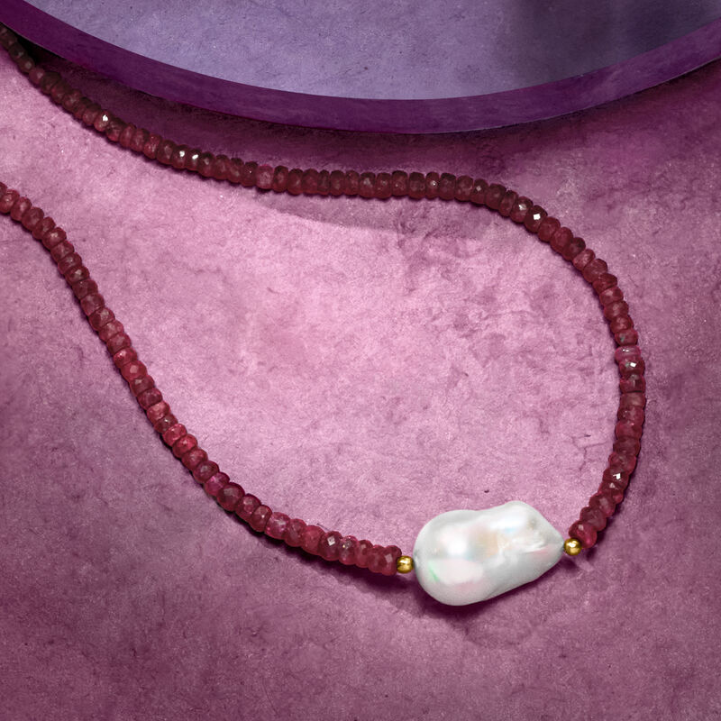 24x13mm Cultured Baroque Pearl and 70.00 ct. t.w. Ruby Bead Necklace with 18kt Gold Over Sterling. 18&quot; image number 2