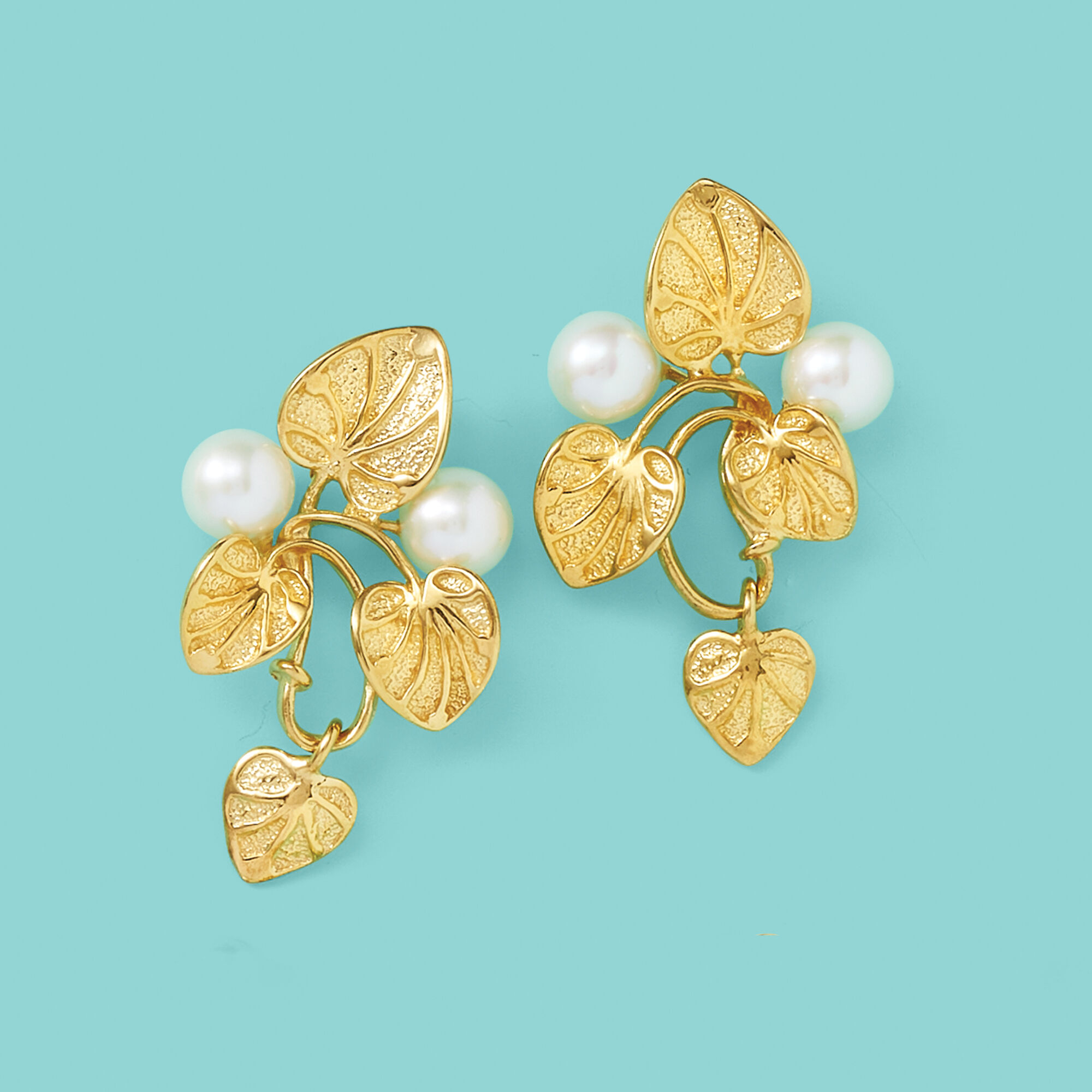 Italian 6mm Cultured Pearl Vine Drop Earrings in 18kt Gold