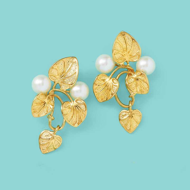 Italian 6mm Cultured Pearl Vine Drop Earrings in 18kt Gold Over Sterling image number 3